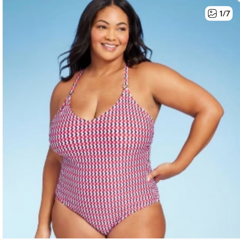 Kona Sol Red Blue Chevron Print One Piece Swimsuit Size 16 NWT